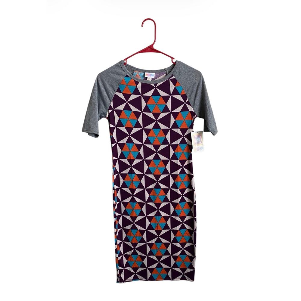 NWT Lularoe Multicolor Geometric Print w/ Gray Raglan Sleeves XXS Julia Dress